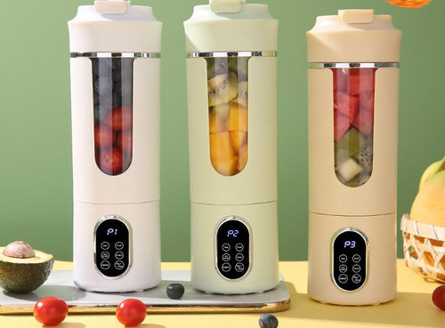 FlowMix Portable Blenders in white, sage and cream with fresh fruit